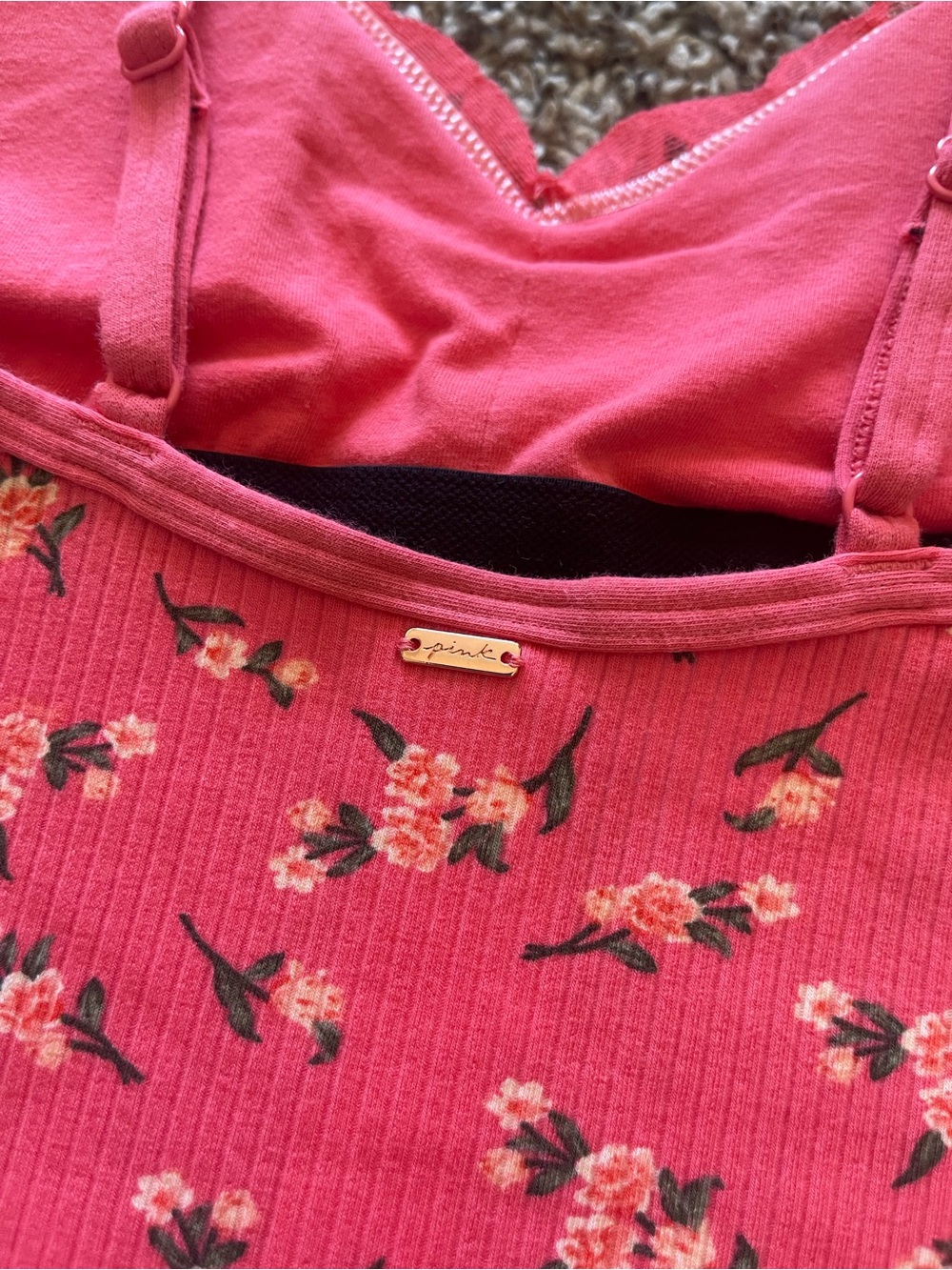 NWT Victoria's Secret PINK Floral Lace Trim Ribbed Bodysuit Cami Top XS Coral - Picture 7 of 15